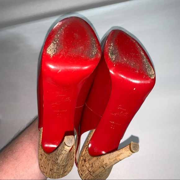 CHRISTIAN LOUBOUTIN size 39 red patent leather peep toe SLINGBACK platform HEELS - Picture 9 of 12